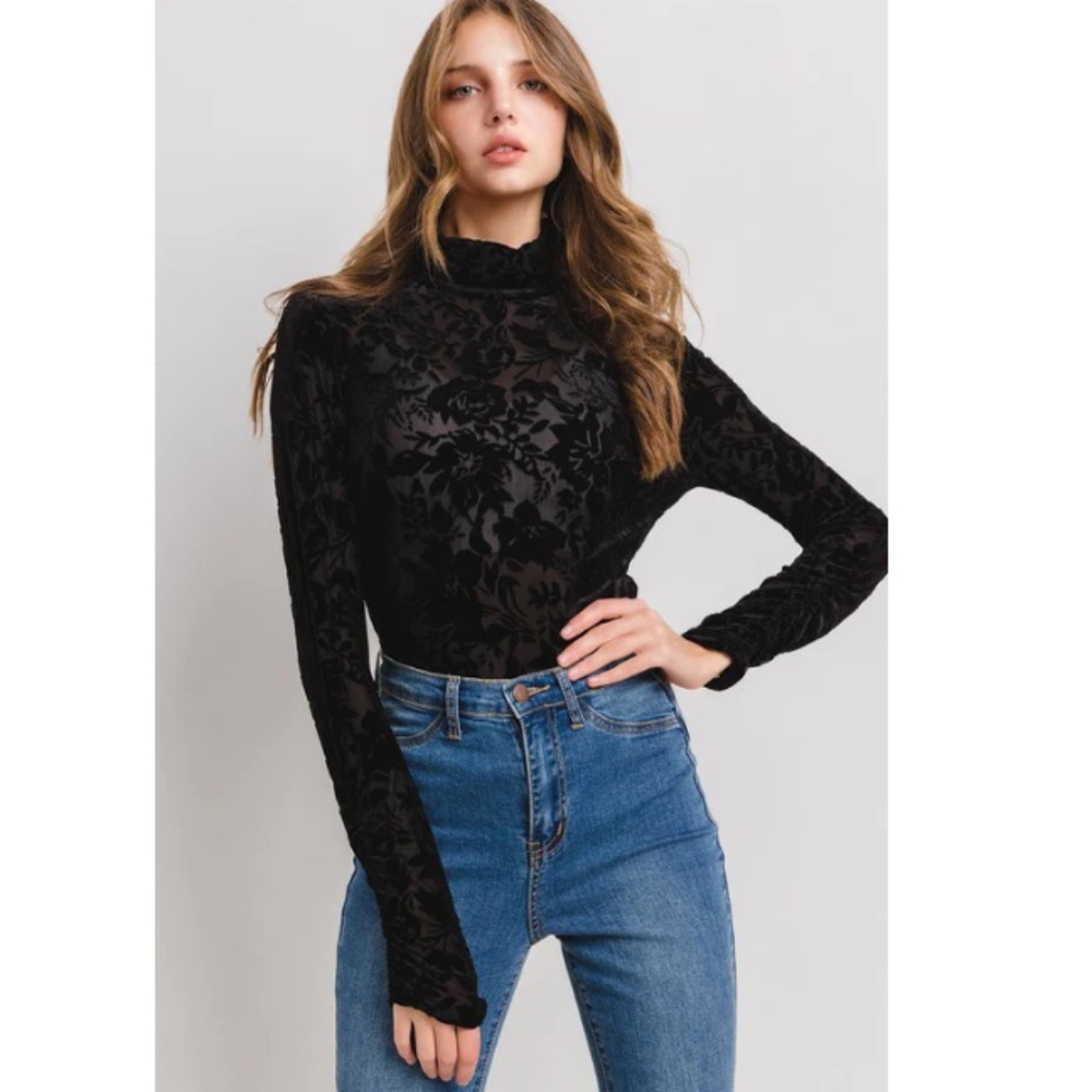 "The Haven" Black Velvet Floral Print Cowl Neck Top - NWOT